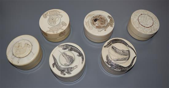 Six Japanese ivory drum shaped boxes, early 20th century,